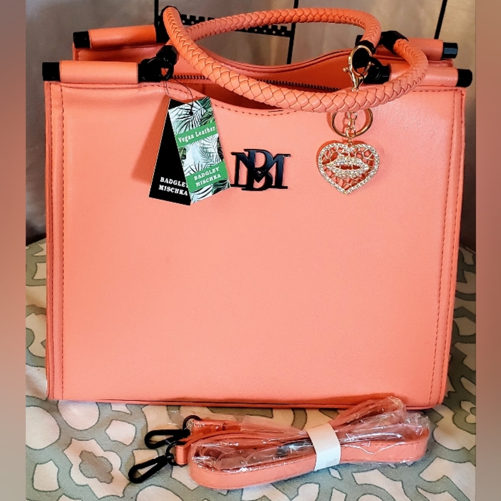 Badgley Mischka Coral Color Vegan Leather . Satchel.NWT - Picture 4 of 7